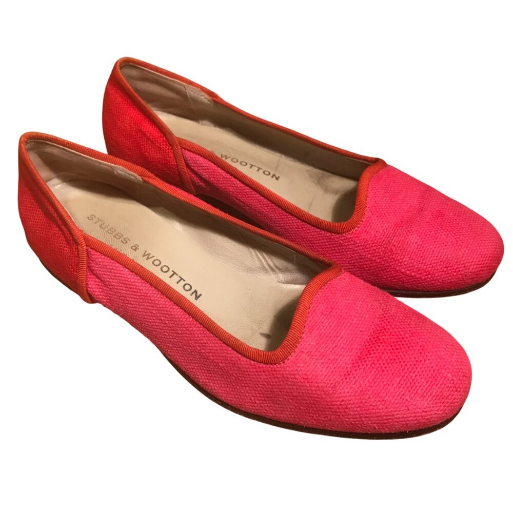Stubbs & Wootton Two-Tone Pink Orange-Red Tweed Leather Flats Size 6.5